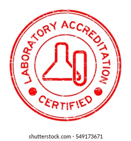 Grunge red laboratory accreditation certified round rubber stamp with glassware icon