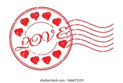 Grunge red love with icon round stamp with postmark on white background