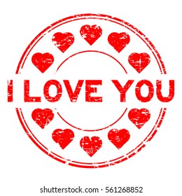 Grunge red I love you with heart icon round rubber stamp