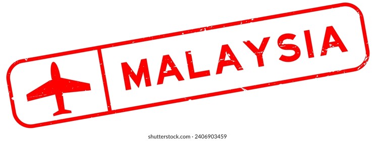 Grunge red malaysia word with plane icon square rubber seal stamp on white background