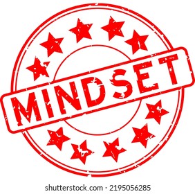 Grunge red mindset word with star icon round rubber seal stamp on white background