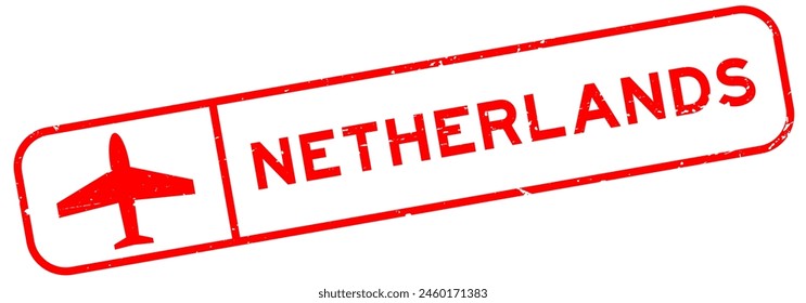 Grunge red netherlands word with plane icon square rubber seal stamp on white background