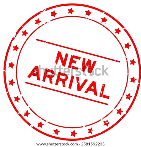 Grunge red new arrival word round rubber seal stamp on white background