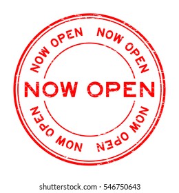 Grunge red now open round rubber stamp on white background