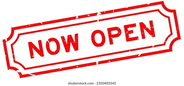 Grunge red now open word rubber seal stamp on white background
