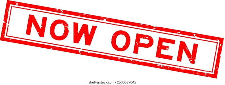 Grunge red now open word square rubber seal stamp on white background
