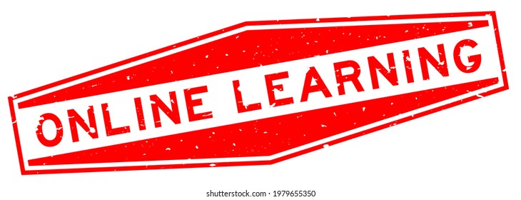 Grunge red online learning word hexagon rubber seal stamp on white background