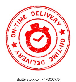 Grunge red on-time delivery with clock icon rubber stamp