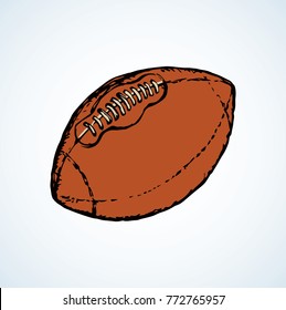 Grunge red pigskin gilbert hit hardball on white court backdrop. Freehand dark brown ink hand drawn object emblem pictogram in retro art scribble silhouette style with space for text