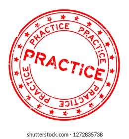 Grunge red practice word with star icon round rubber seal stamp on white background