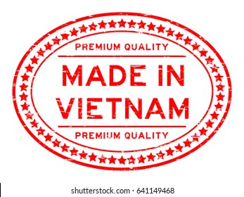 Grunge red premium quality made in Vietnam oval rubber seal stamp on white background