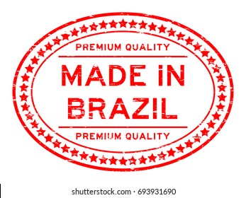 Grunge red premium quality made in Brazil oval rubber seal stamp on white background 
