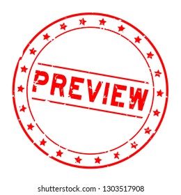 Grunge red preview word with star icon round rubber seal stamp on white background