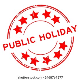 Grunge red public holiday word with star icon round rubber seal stamp on white background