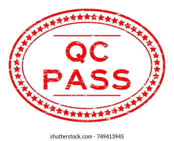 Grunge red QC pass oval rubber seal stamp on white background