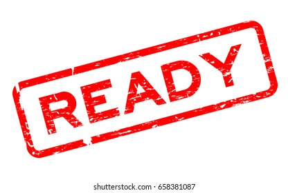 Grunge red ready square rubber seal stamp on white background