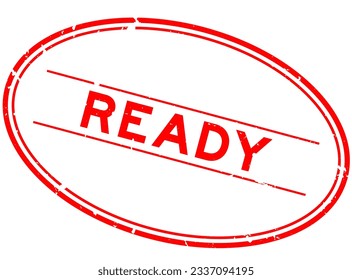 Grunge red ready word oval rubber stamp in white background
