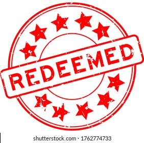 Grunge red redeemed word with star icon round rubber seal stamp on white background