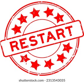 Grunge red restart word with star icon round rubber seal stamp on white background