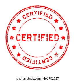 Grunge red round certified stamp with star on white background