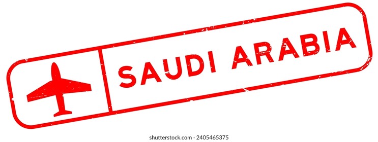 Grunge red saudi arabia word with plane icon square rubber seal stamp on white background