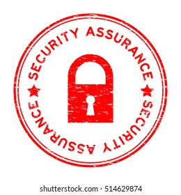 Grunge red security assurance with lock icon round rubber stamp