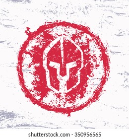 grunge red spartan helmet, round sign, vector illustration