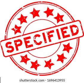 Palabra roja gruesa especificada con un icono de estrella con sello de goma redondo sobre fondo blanco