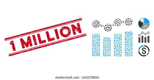 Grunge red stamp seal with 1 Million text inside double parallel lines, and mosaic charts icon. Mosaic vector is formed from charts icon and with scattered elliptic items.