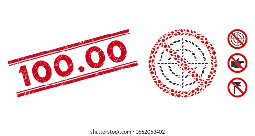 Grunge red stamp seal with 100.00 caption between double parallel lines, and mosaic no aim icon. Mosaic vector is created with no aim pictogram and with random oval items. 100.