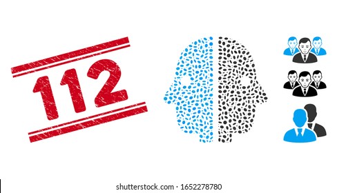Grunge red stamp seal with 112 caption inside double parallel lines, and mosaic dual face icon. Mosaic vector is formed from dual face icon and with random ellipse spots.