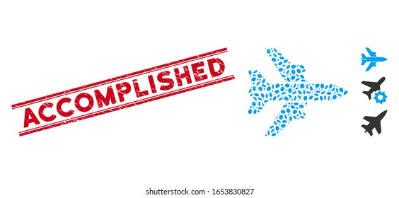 Grunge red stamp seal with Accomplished phrase inside double parallel lines, and mosaic airplane icon. Mosaic vector is composed with airplane pictogram and with scattered ellipse elements.
