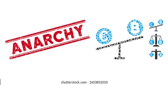 Grunge red stamp seal with Anarchy caption between double parallel lines, and mosaic Bitcoin Euro market swings icon.