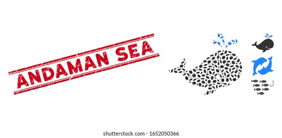 Grunge red stamp seal with Andaman Sea phrase inside double parallel lines, and mosaic whale icon. Mosaic vector is formed with whale icon and with scattered oval spots.