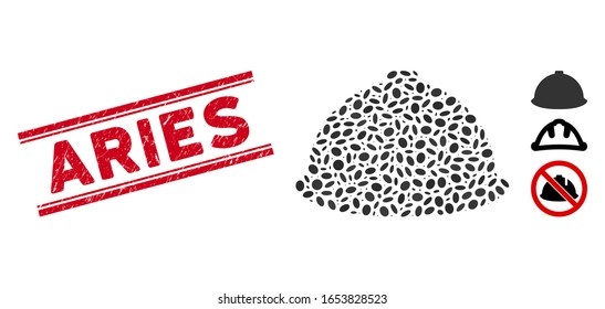 Grunge red stamp seal with Aries caption between double parallel lines, and mosaic builder helmet icon. Mosaic vector is designed with builder helmet pictogram and with randomized elliptic items.