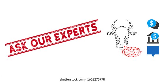 Grunge red stamp seal with Ask Our Experts text between double parallel lines, and mosaic cow sos message icon. Mosaic vector is formed with cow sos message pictogram and with random oval elements.