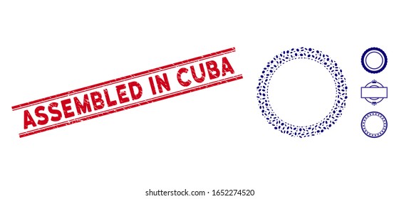 Grunge red stamp seal with Assembled in Cuba phrase between double parallel lines, and mosaic dotted rosette circular frame icon.