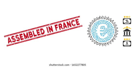 Grunge red stamp seal with Assembled in France phrase inside double parallel lines, and collage European quality stamp icon.