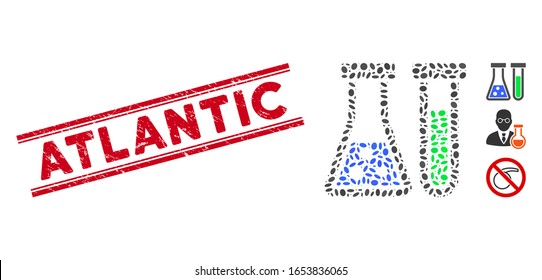 Grunge red stamp seal with Atlantic phrase between double parallel lines, and mosaic chemistry icon. Mosaic vector is composed with chemistry icon and with randomized ellipse elements.