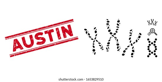 Grunge red stamp seal with Austin caption between double parallel lines, and mosaic chromosomes icon. Mosaic vector is designed with chromosomes icon and with randomized elliptic spots.