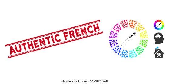 Grunge red stamp seal with Authentic French phrase inside double parallel lines, and mosaic color wheel icon. Mosaic vector is created from color wheel icon and with randomized elliptic items.