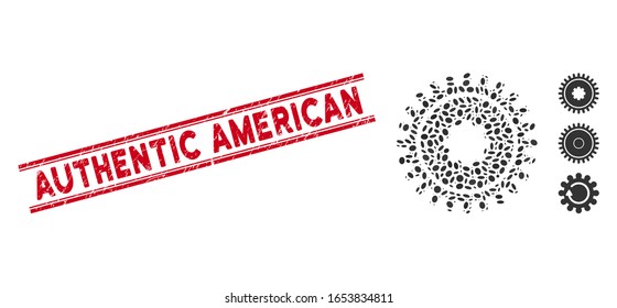 Grunge red stamp seal with Authentic American phrase between double parallel lines, and mosaic cogwheel icon. Mosaic vector is formed with cogwheel icon and with random elliptic items.