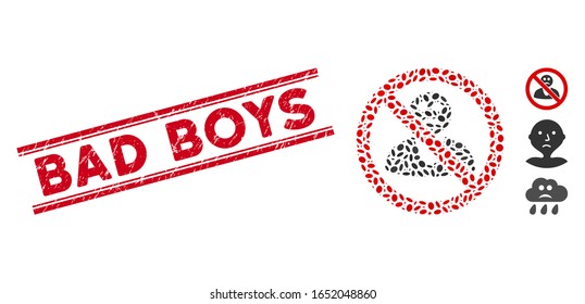 Grunge red stamp seal with Bad Boys text between double parallel lines, and mosaic no sad person icon. Mosaic vector is formed with no sad person icon and with randomized ellipse spots.