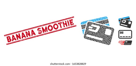 Grunge red stamp seal with Banana Smoothie phrase between double parallel lines, and mosaic Dash credit cards icon. Mosaic vector is designed with Dash credit cards icon and with random ellipse items.