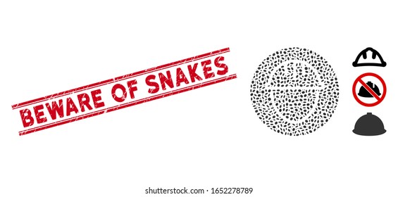 Grunge red stamp seal with Beware of Snakes caption inside double parallel lines, and mosaic helmet circle icon. Mosaic vector is created with helmet circle icon and with scattered ellipse spots.