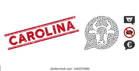 Grunge red stamp seal with Carolina text between double parallel lines, and mosaic cow message balloon icon. Mosaic vector is formed with cow message balloon icon and with scattered oval elements.