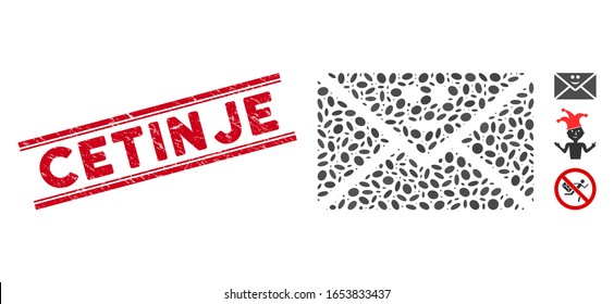 Grunge red stamp seal with Cetinje phrase between double parallel lines, and mosaic happy mail icon. Mosaic vector is designed with happy mail icon and with randomized ellipse items.