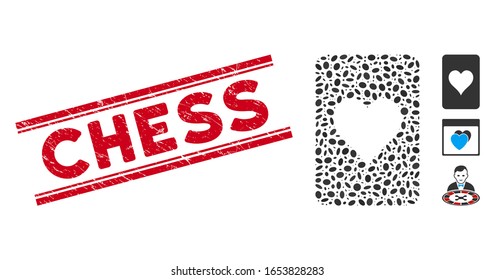 Grunge red stamp seal with Chess phrase between double parallel lines, and mosaic hearts gambling card icon. Mosaic vector is composed from hearts gambling card icon and with random oval spots.