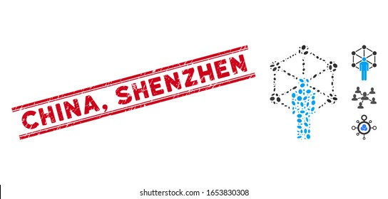 Grunge red stamp seal with China, Shenzhen phrase between double parallel lines, and mosaic human network icon. Mosaic vector is designed with human network icon and with randomized ellipse items.