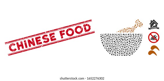 Grunge red stamp seal with Chinese Food text inside double parallel lines, and mosaic chicken soup icon. Mosaic vector is composed with chicken soup icon and with scattered ellipse items.